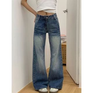 Americano Retro cintura baixa Micro-queimado Jeans feminino 2025 novo estilo verão Crack Design solto Drape calças de pe