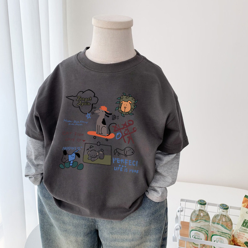 Algodão puro meninos falso de duas peças de manga comprida camiseta 2026 primavera outono estilo crianças versão coreana