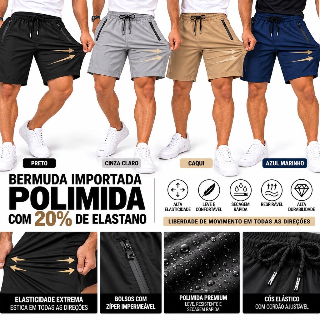 Kit 5 Peças Shorts Masculino Bolso Zíper - Bermuda Poliamida 20% Elastano - Anti Odor, Secagem Rápida - Importada
