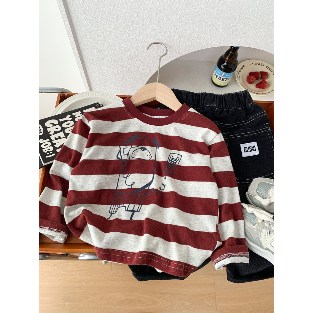 Meninos primavera outono listrado manga comprida camiseta 2026 novo estilo crianças em torno do pescoço solto camisa de 
