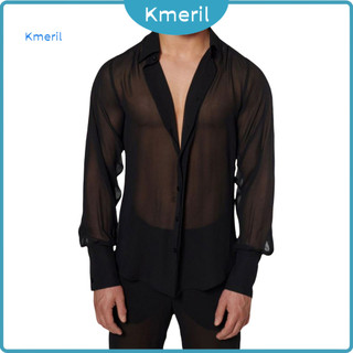Lapel Long Sleeve Shirt for Men Black Transparent Shirts Men's Mesh See-through V-neck Thin Single-breasted Party for Ni