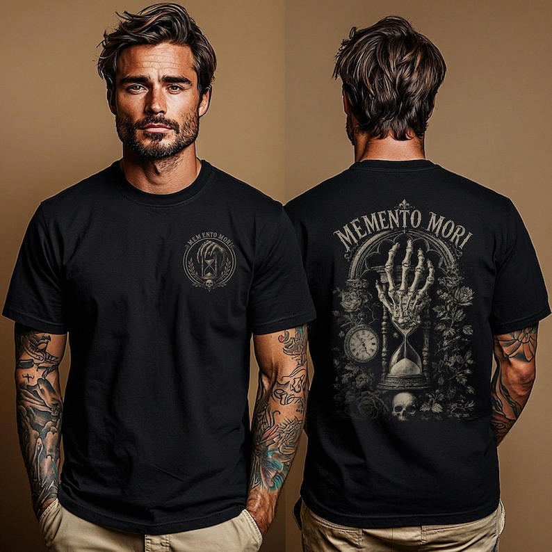 Camiseta Unissex Premium De Algodão Preta Estampa Gótica Memento Mori Estilo Casual Para Uso Diário E Passeios
