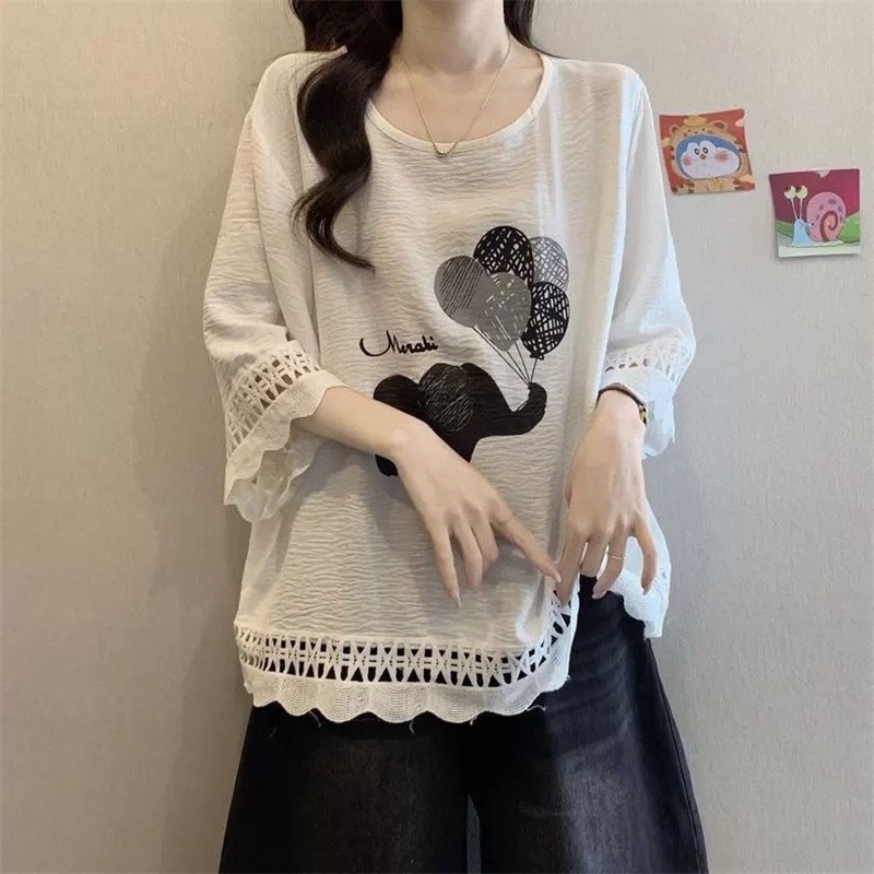 Verão novo estilo gordura mm impresso meia manga camiseta feminina tamanho grande fino Casual mais magro olhar solto de 