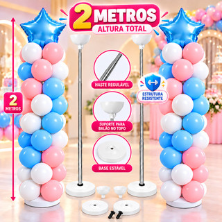2 Suportes de Balão Telescópico 2 Metros Coluna Ajustável Metálica Decoração Festa Aniversário