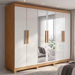 Guarda Roupa Casal 6 Portas Easy Slim com Espelho e Pés Amendoa/Off White