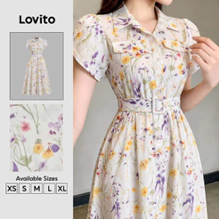 Lovito Vestido Elegante Feminino com Cinto Bolso Falso Geométrico Primavera/Verão DRB201P1D399
