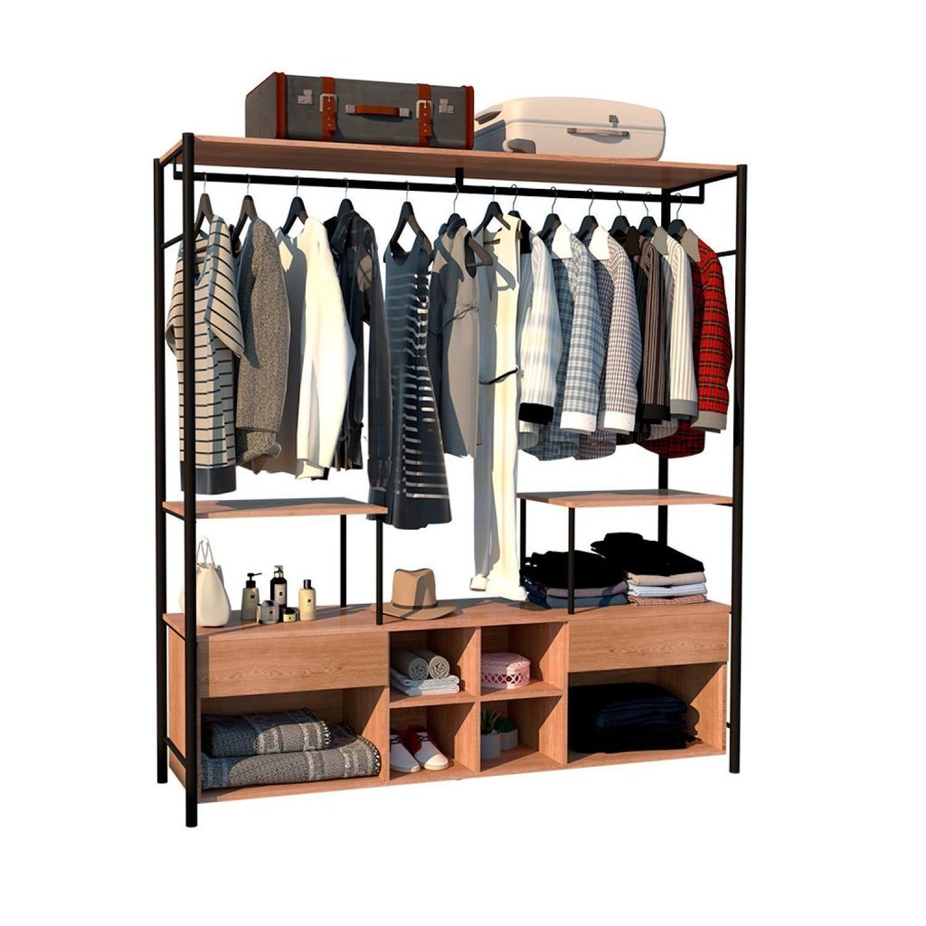 Guarda-Roupa Closet para Casal de Ferro 2 Gavetas 8 Prateleiras Barcelona Preto/Demolição Marrom Preto/Demolição · foto 2