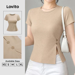 Lovito Camiseta Casual Jacquard Botão Assimétrico Primavera/verão Cáqui para Mulheres TSK9P1D140