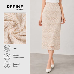 (Refine by Lovito) Saia Longa Em Aline Geométrica Com Renda Exquisita Cor Apricot Para Mulheres Festa/Formal SKR43P1D040