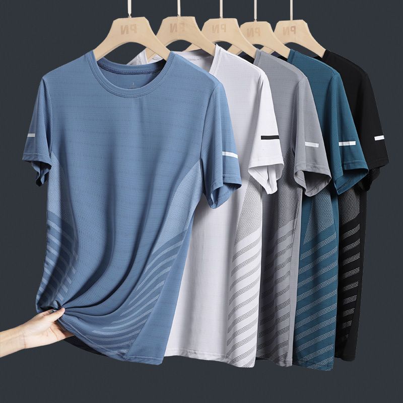 Camiseta masculina de manga curta verão de secagem rápida roupas esportivas masculinas soltas de seda gelo topo camiseta