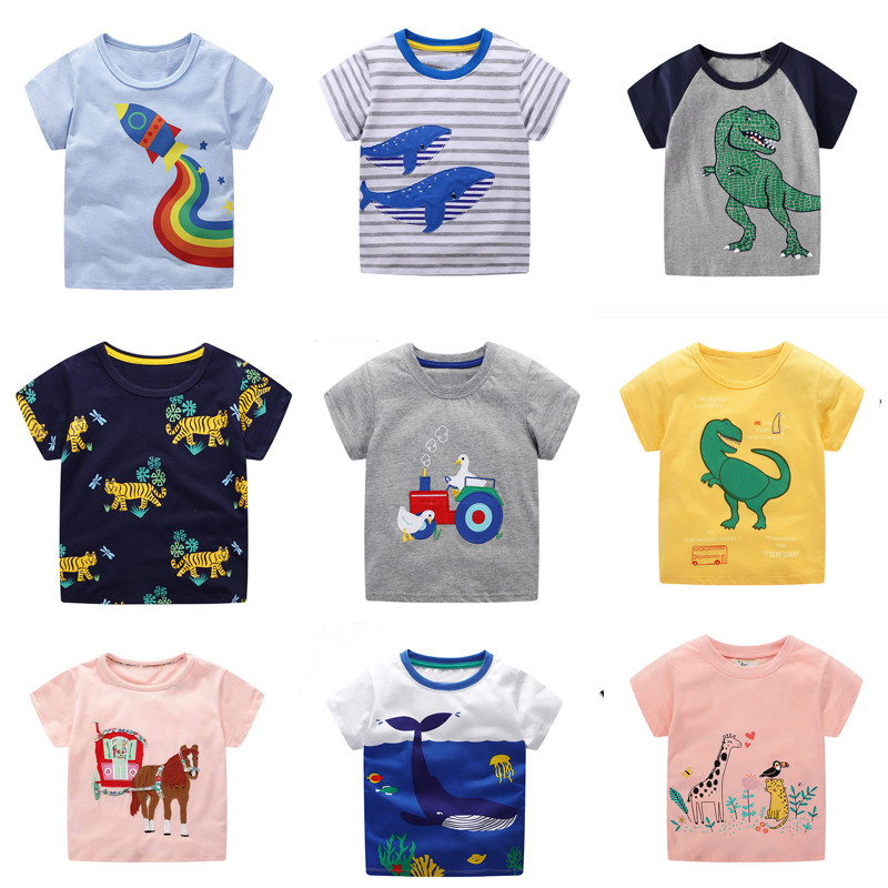 Animal tubarão menino de manga curta verão dos desenhos animados dinossauro impressão bebê menino camiseta menino carro 