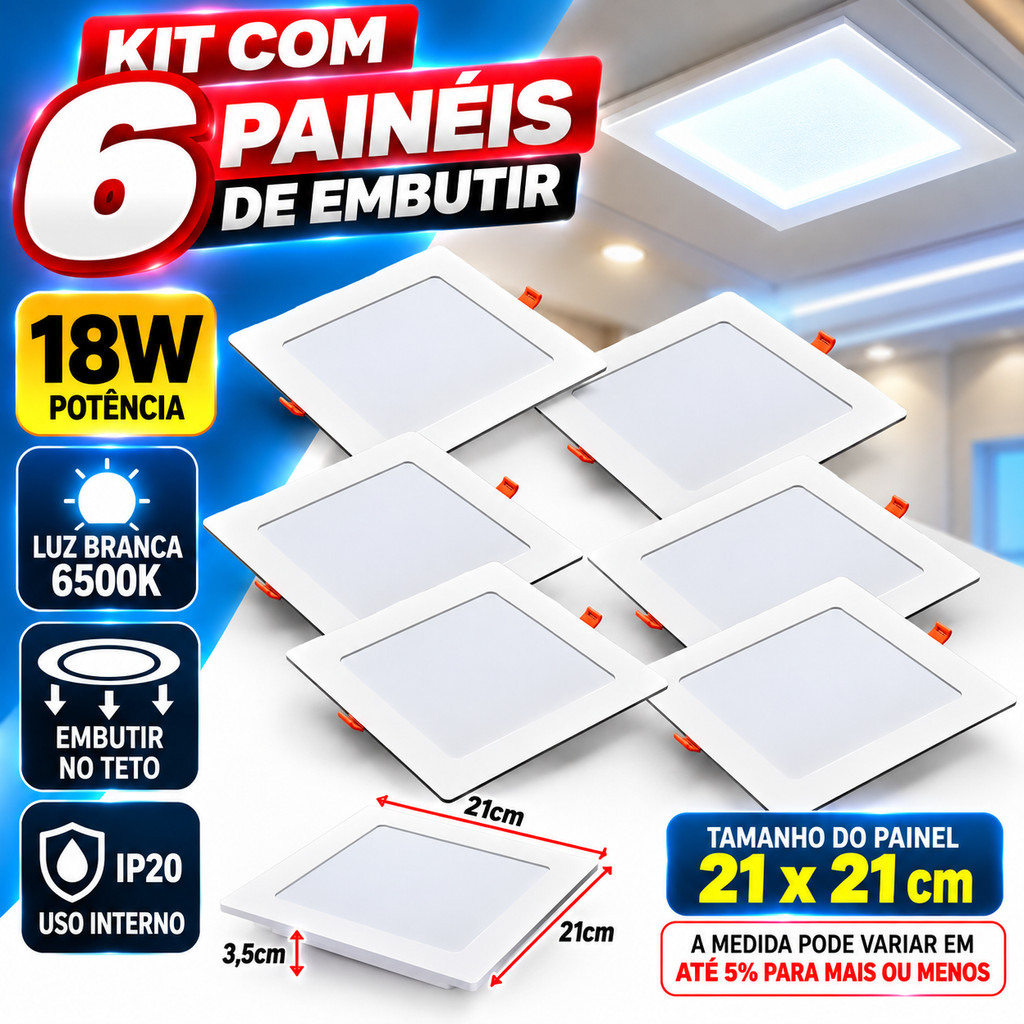 6 Painel Led 18w Quadrado Embutir 6500K Comércio Casa Avant