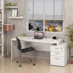 Mesa de Escritório Pedestal 3 Gavetas 190cm Branco Branco