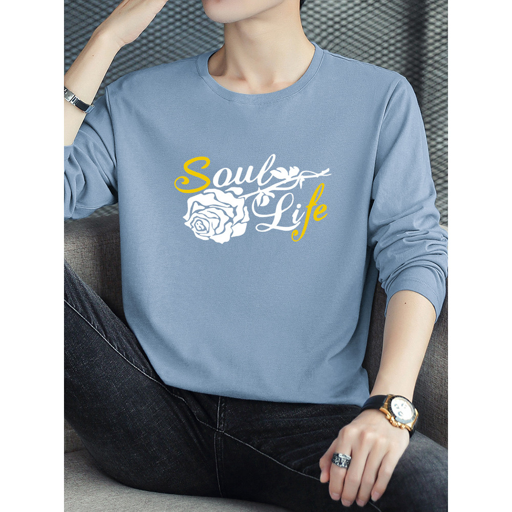 Camiseta de algodão puro masculina de manga comprida 2026 novo estilo na moda carta impressa camisa de fundo de algodão 