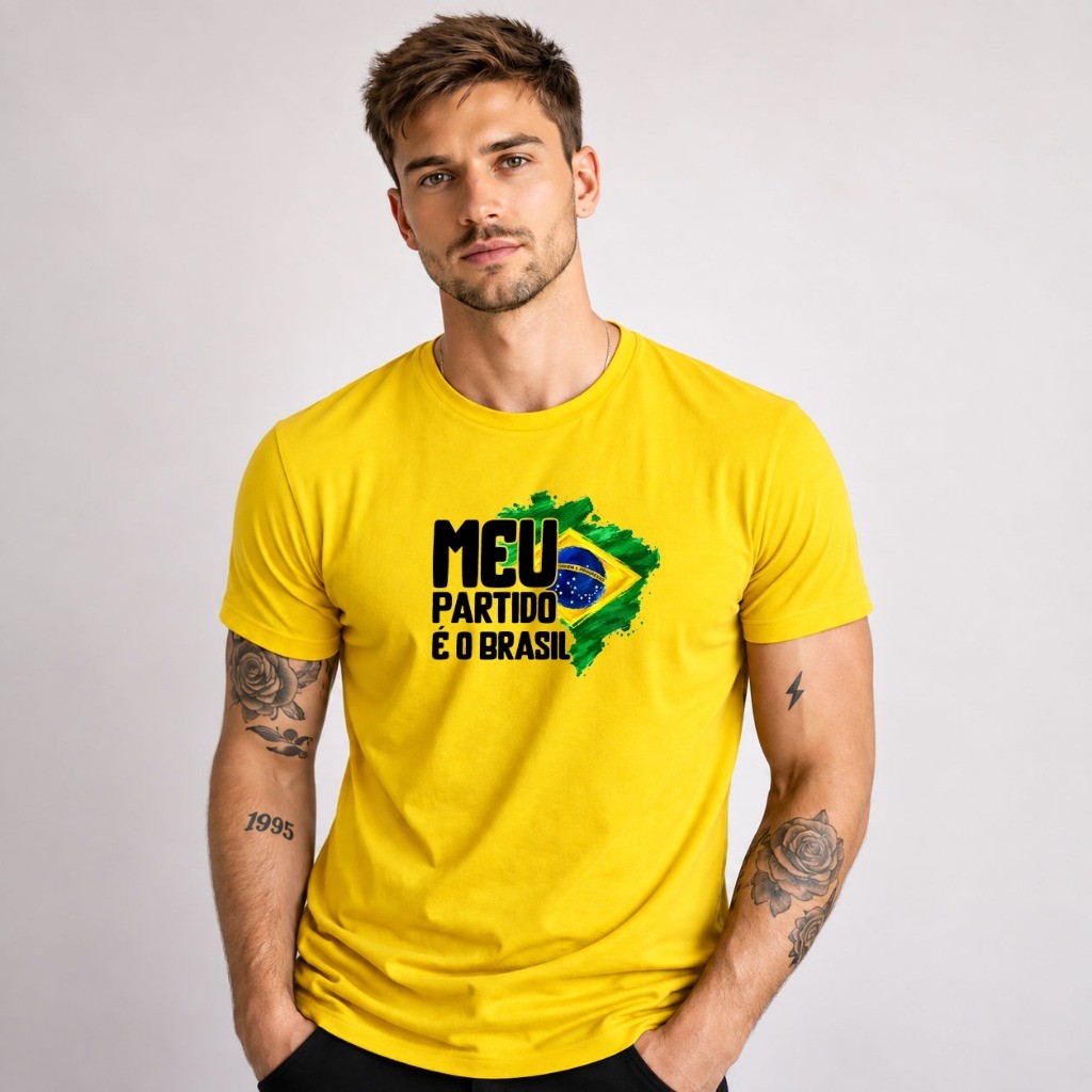 Camiseta Masculina Tradicional 100% Algodão Estampada Meu Partido É O Brasil Eleição Leve Casual