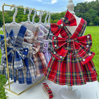 Vestido xadrez para cães Pet JK, coleira, acessórios, roupas para gatos, cães e gatos, Teddy, Bichon, Corgi 6679