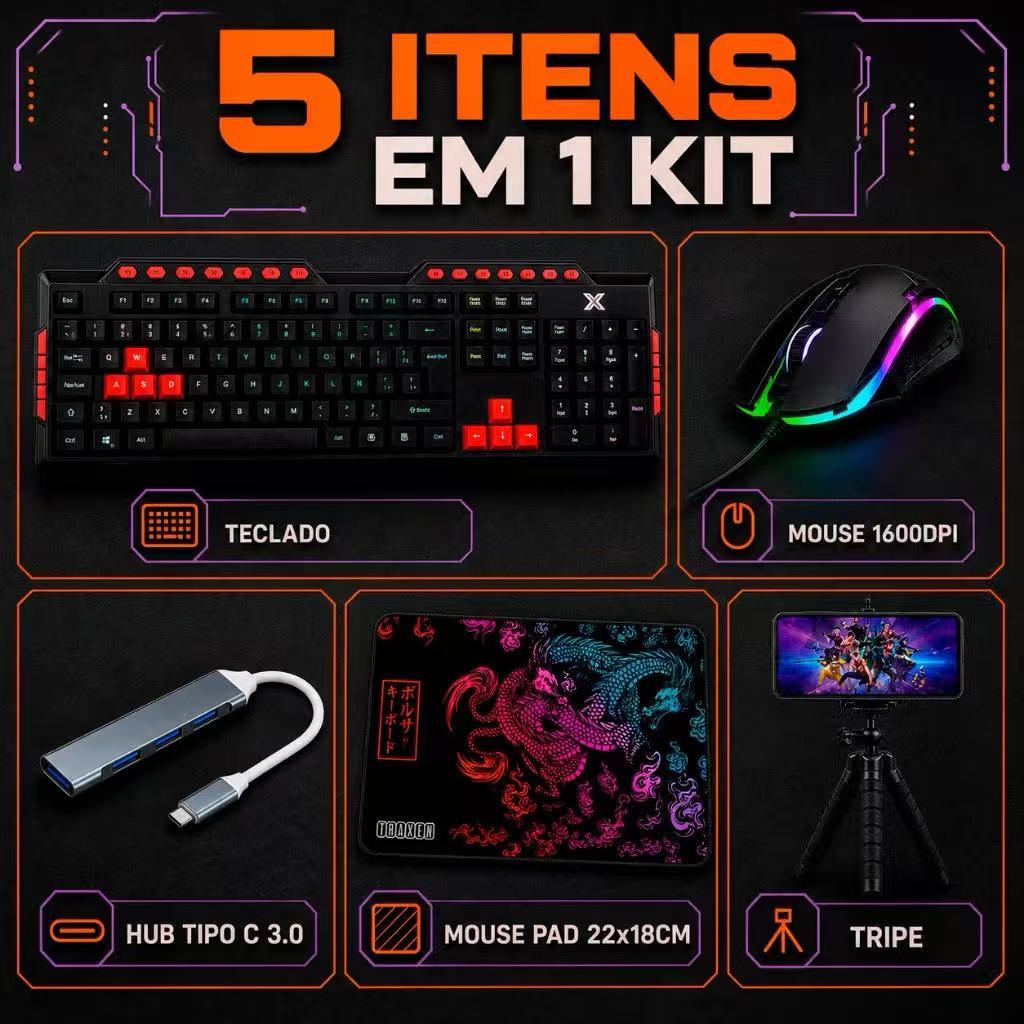 Kit Mobilador Completo Gamer Teclado Mouse RGB Hub Usb Tipo C Free Fire Android OTG Tripé Flexível