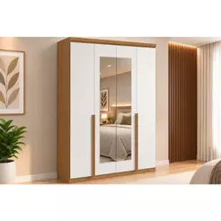 Guarda Roupa Solteiro 4 Portas e 2 Gavetas c/ Espelho Alonzo New Amêndoa/Branco - Lopas