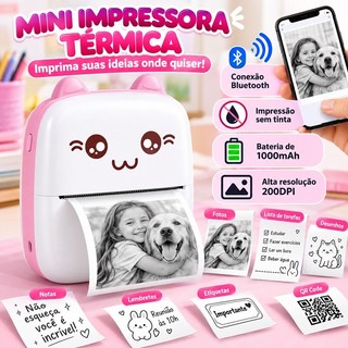 Mini Impressora Térmica Portátil Imprima Fotos e Desenhos Animados Sem Fio para Android e iOS Hd Gato bonito rápido