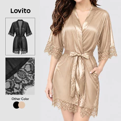Lovito Robe Casual Cetim Seda Gelada Fresco Sensual Amarração Frontal De Renda Loungewear Feminino Bordado LNE143074