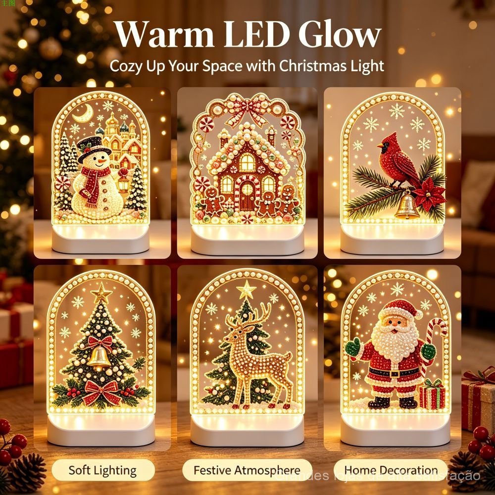 Luminária de Natal com Pintura de Diamantes LED - Kit de Ornamento de Mesa em Acrílico com Boneco de Neve, Árvore e Glob