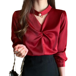 Blusa de seda para mulher, de manga comprida, peça de vestuário moderna e elegante, ideal para o escritório, peça básica