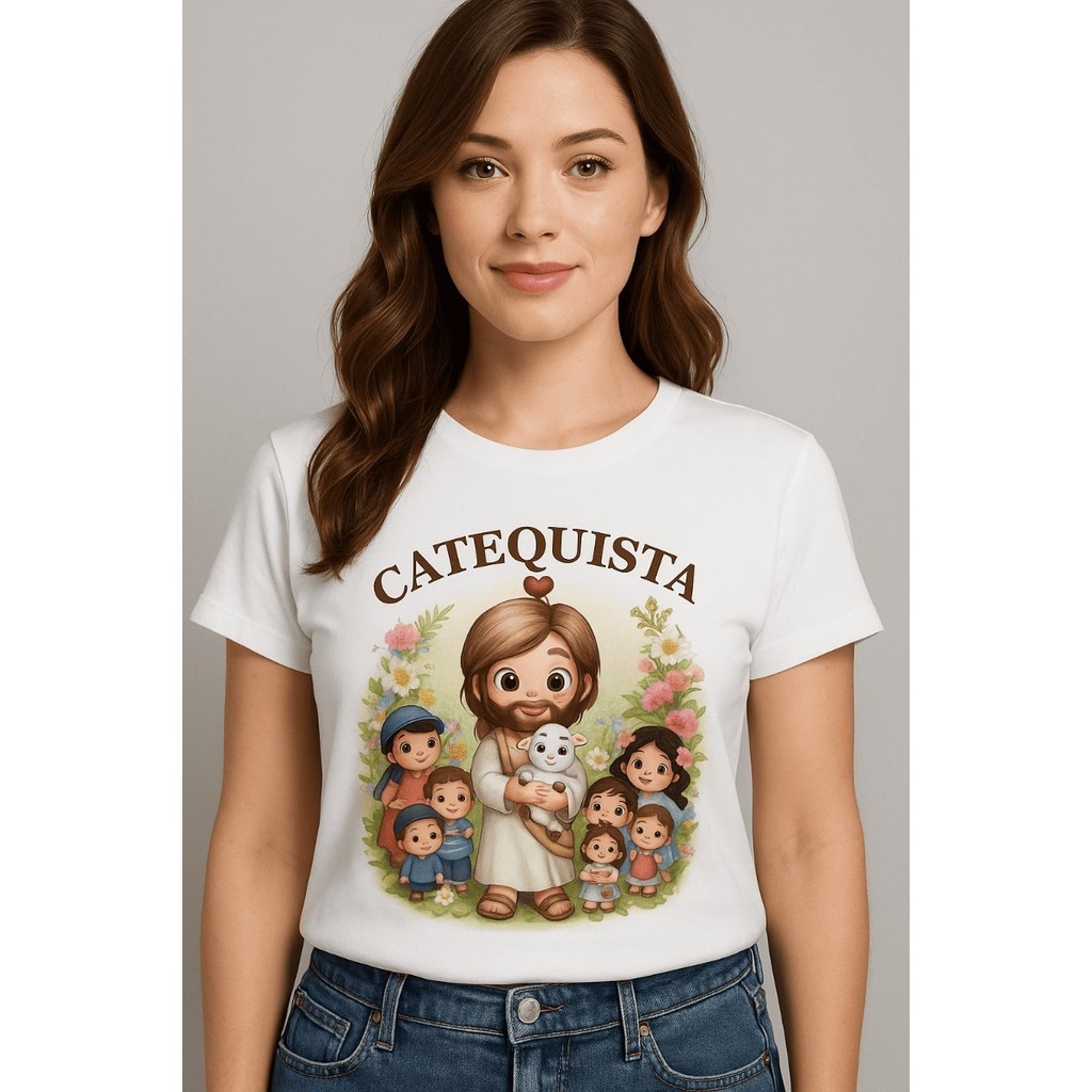 Camiseta Unissex T-Shirt Básica Estampada Frase Catequista Jesus 100% Algodão Gola Redonda Casual F P Ecom