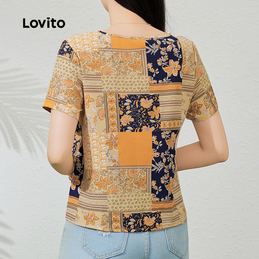 Detalhes do Lovito Blusa Elegante Estilo Resort Blusa Casual Para Primavera/verão Para Mulheres L149ED453