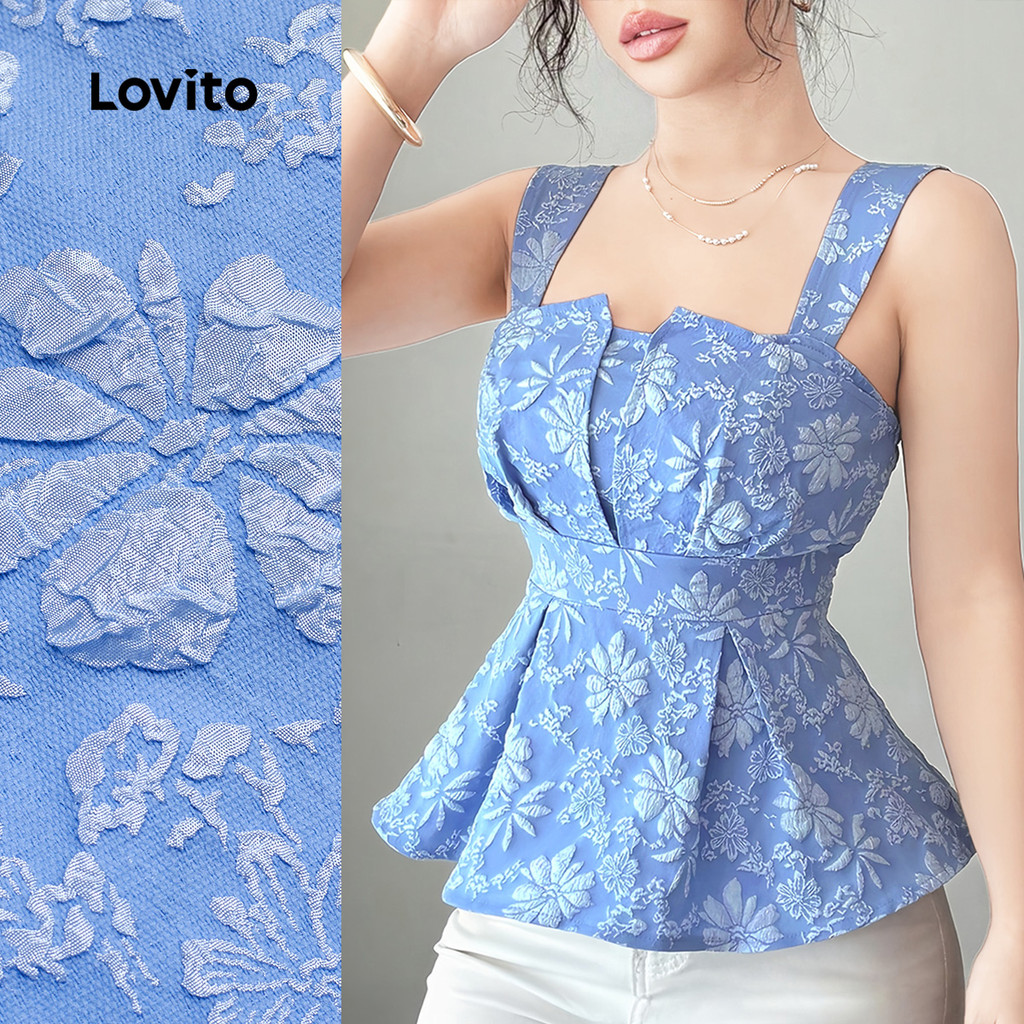 Lovito Blusa Elegante de Festa com Pregas em Jacquard Primavera/verão Azul para Mulheres L150ED130