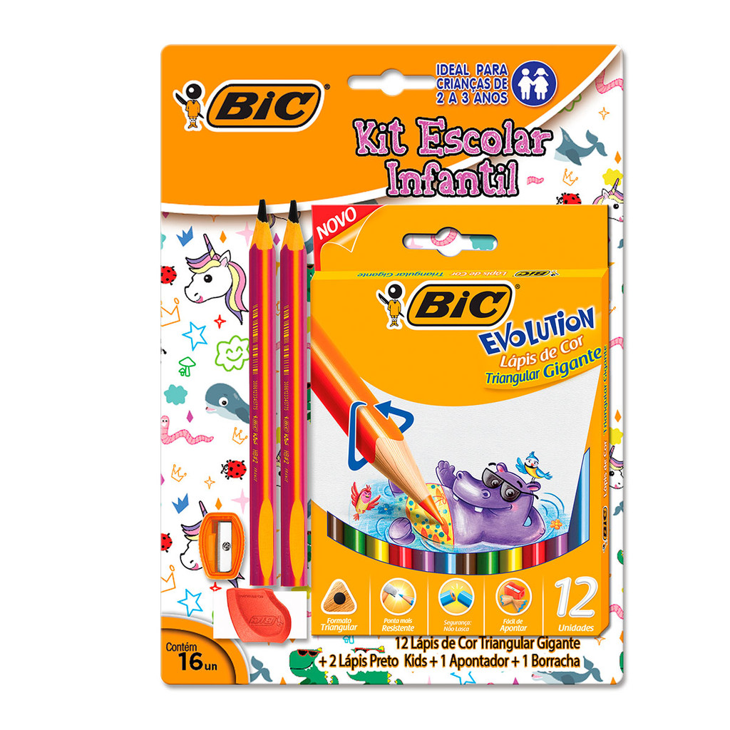 Kit escolar lápis de cor 12 cores Evolution Gigante + lápis + apontador + borracha 16 itens Bic em Oferta na Shopee