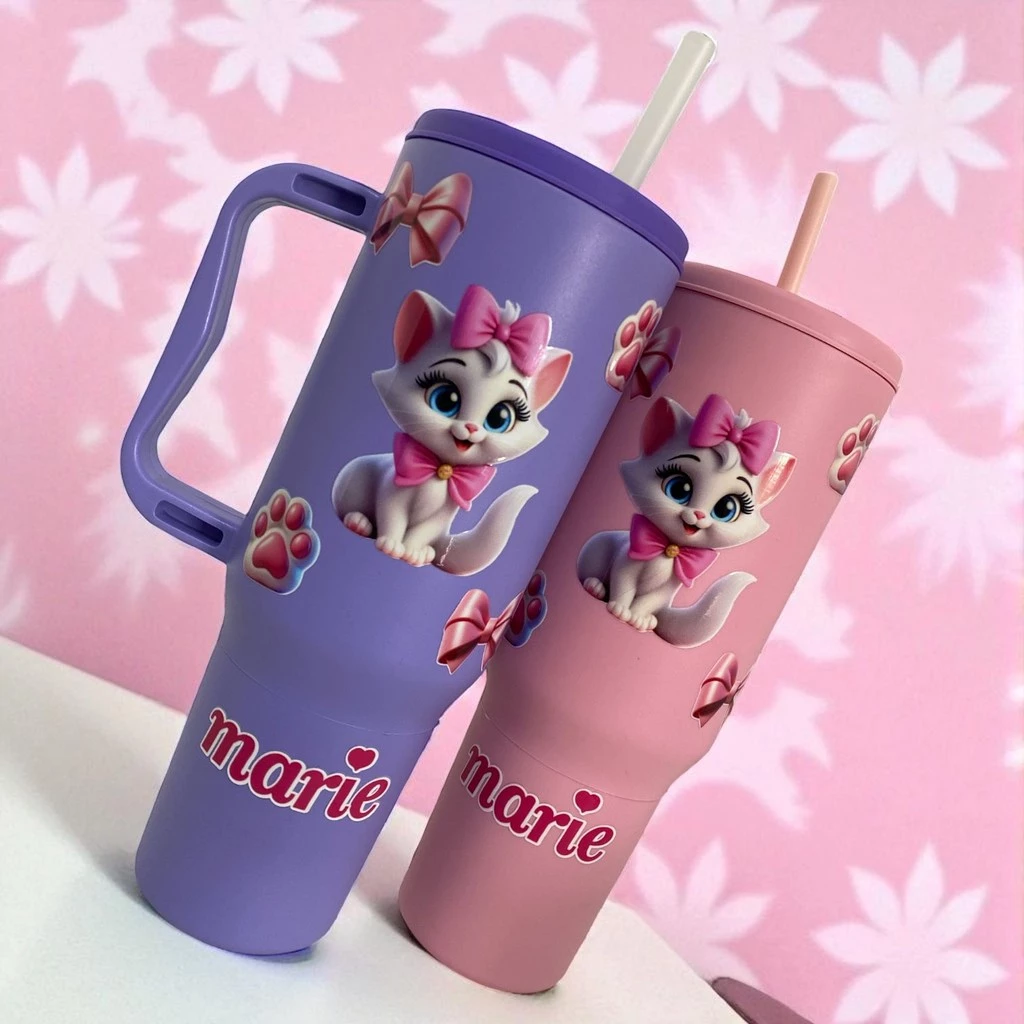 Copo com Canudo da Gata Marie 1200ml Em Policarbonato Personalizado + Brinde Envio Imediato !