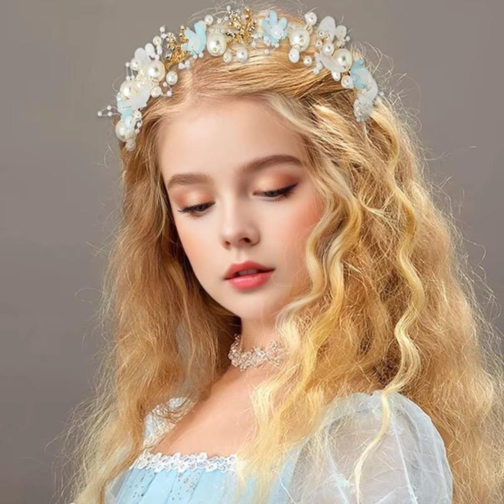 Kit 2 Tiaras de Cabelo Coroa de Flores com Pérolas para Daminha e Festas Azul