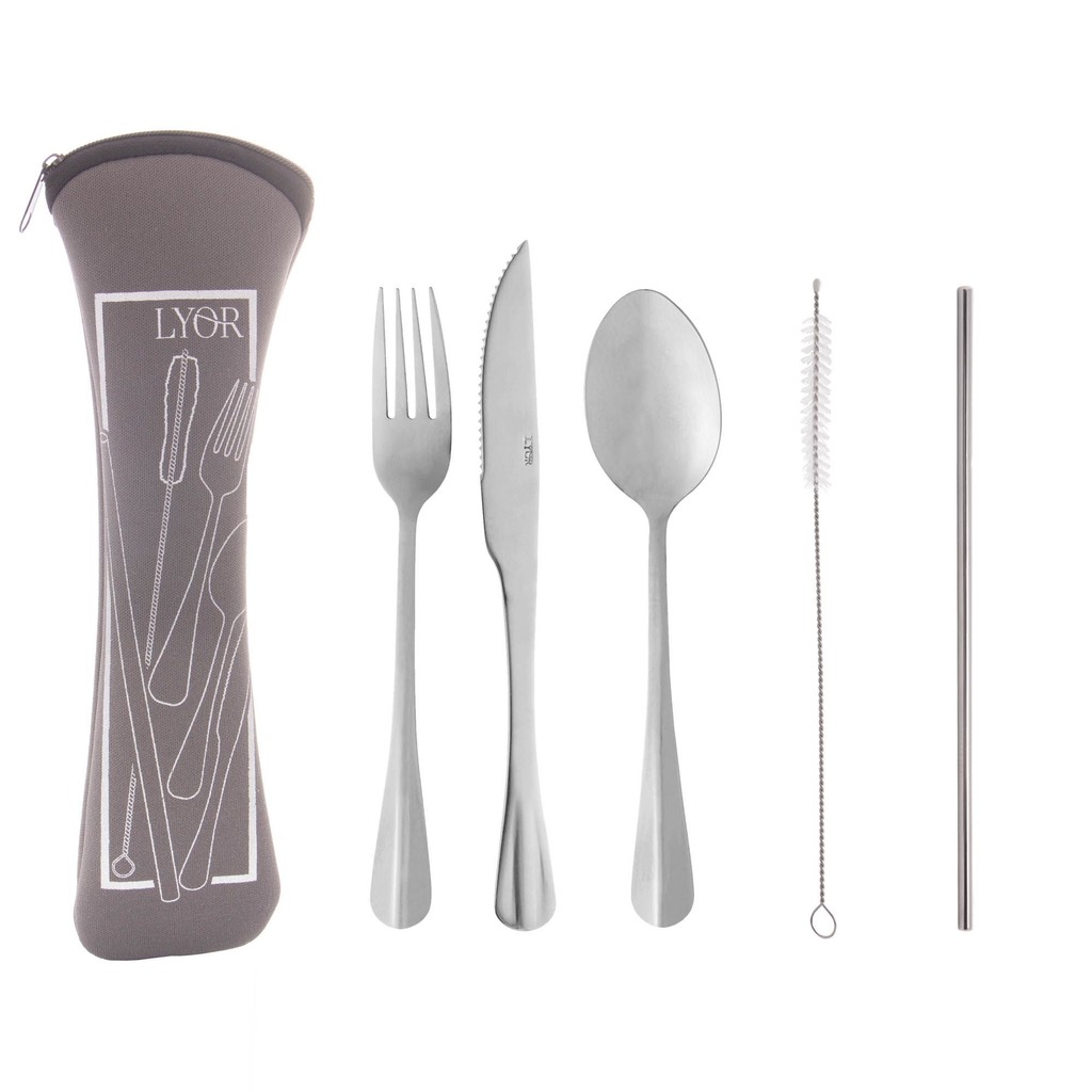 Estojo de Neoprene com 3 Talheres Positano e Canudinho com Escovinha de Aço Inox - Lyor