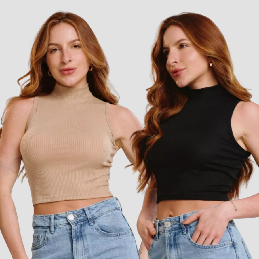 Kit 2 Blusinha Cropped Golinha Alta Feminina Canelado Blogueirinha Elegante Moda Gringa Regata