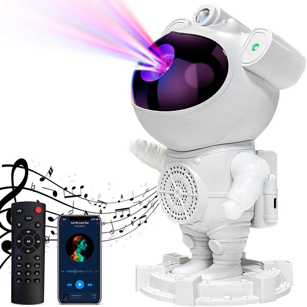 Projetor de Luz Astronauta Ajustável Laser Galáxia Nebulosa Estrelas Luz Noturna para Quarto Com Som Bluetooth Musica So