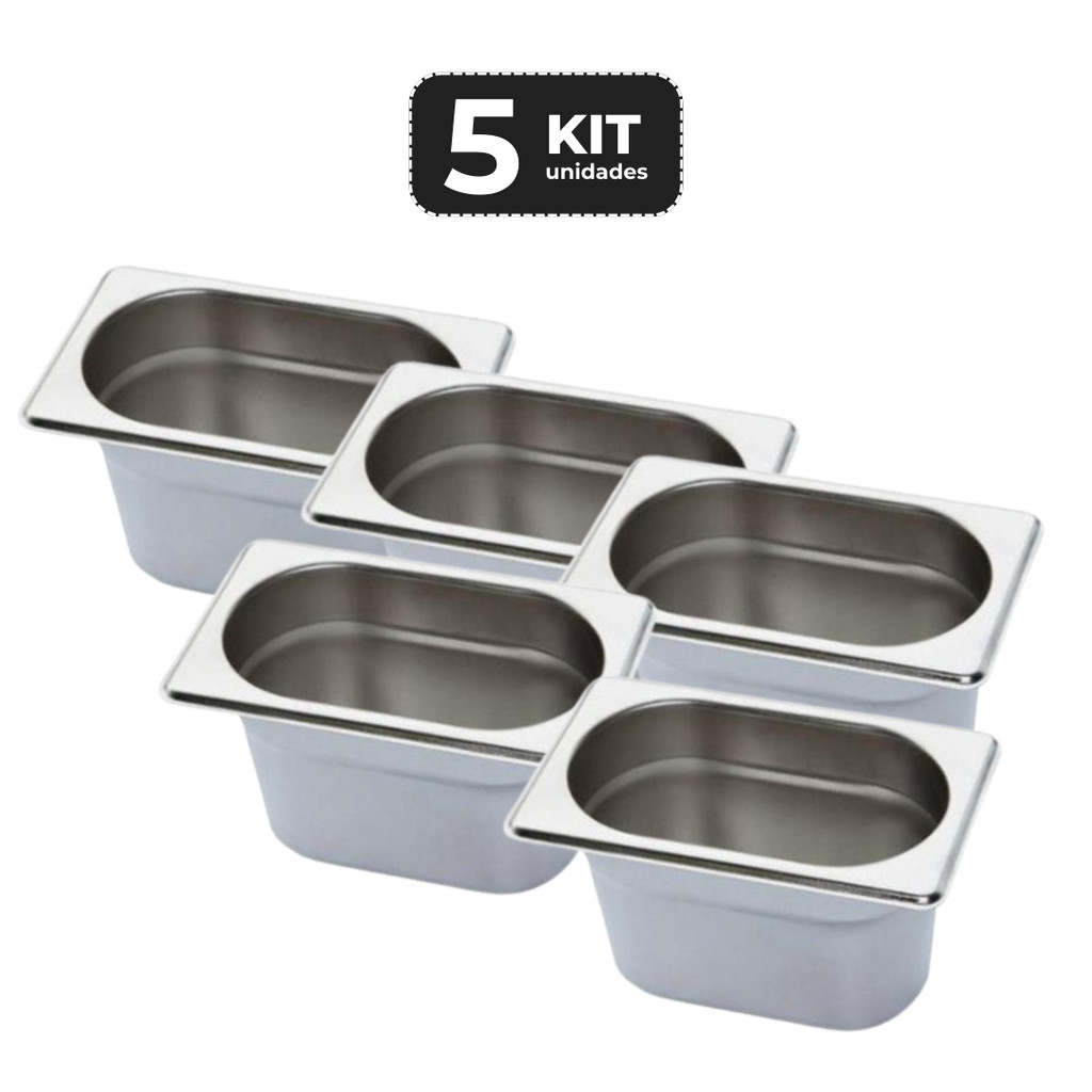 Kit 5 Cuba Inox GN 1/9 65 mm Sem Alça Profissional Buffet Restaurante Cozinha Industrial