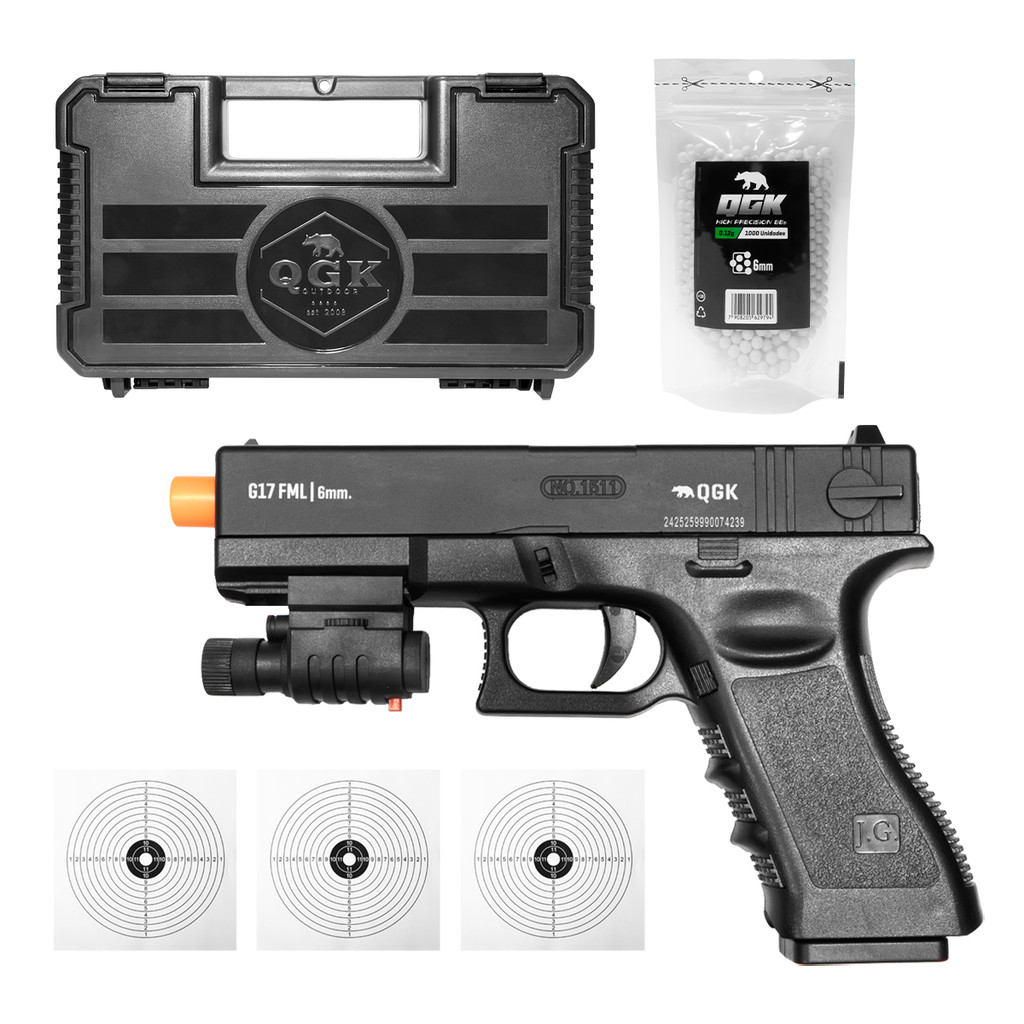 PISTOLA AIRSOFT SPRING QG17 SLIDE METAL 6MM+CASE+1000BBS+ALVO em Oferta na Shopee