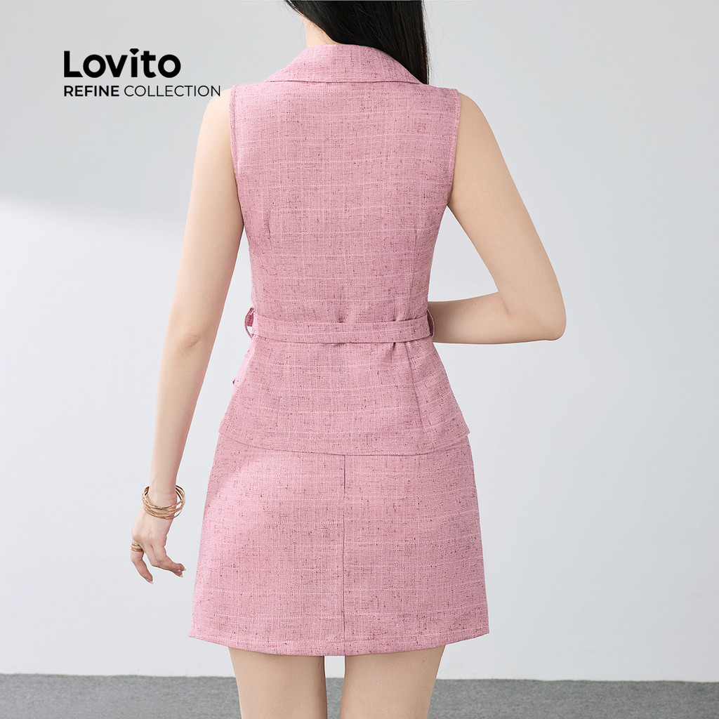Detalhes do (Lovito Refine) Conjuntos de Saia Elegantes com Laço e Botões Frente Top Rosa Primavera/Verão LR12E0574