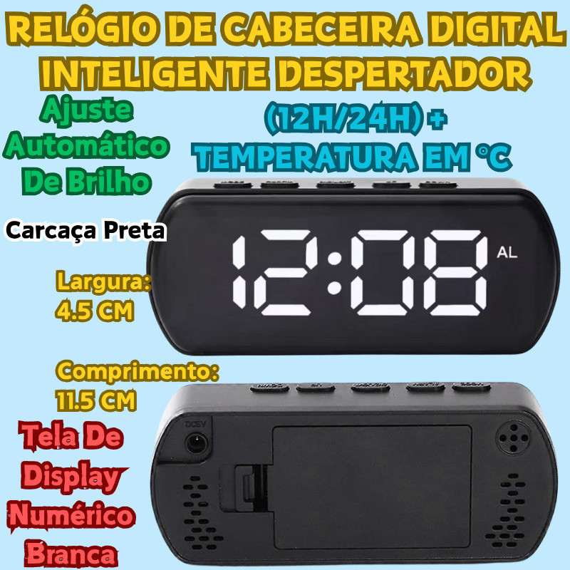 Relógio De Cabeceira Digital ​ 11.5x4.5cm Tela LED Inteligente Despertador Número Branco Porta USB