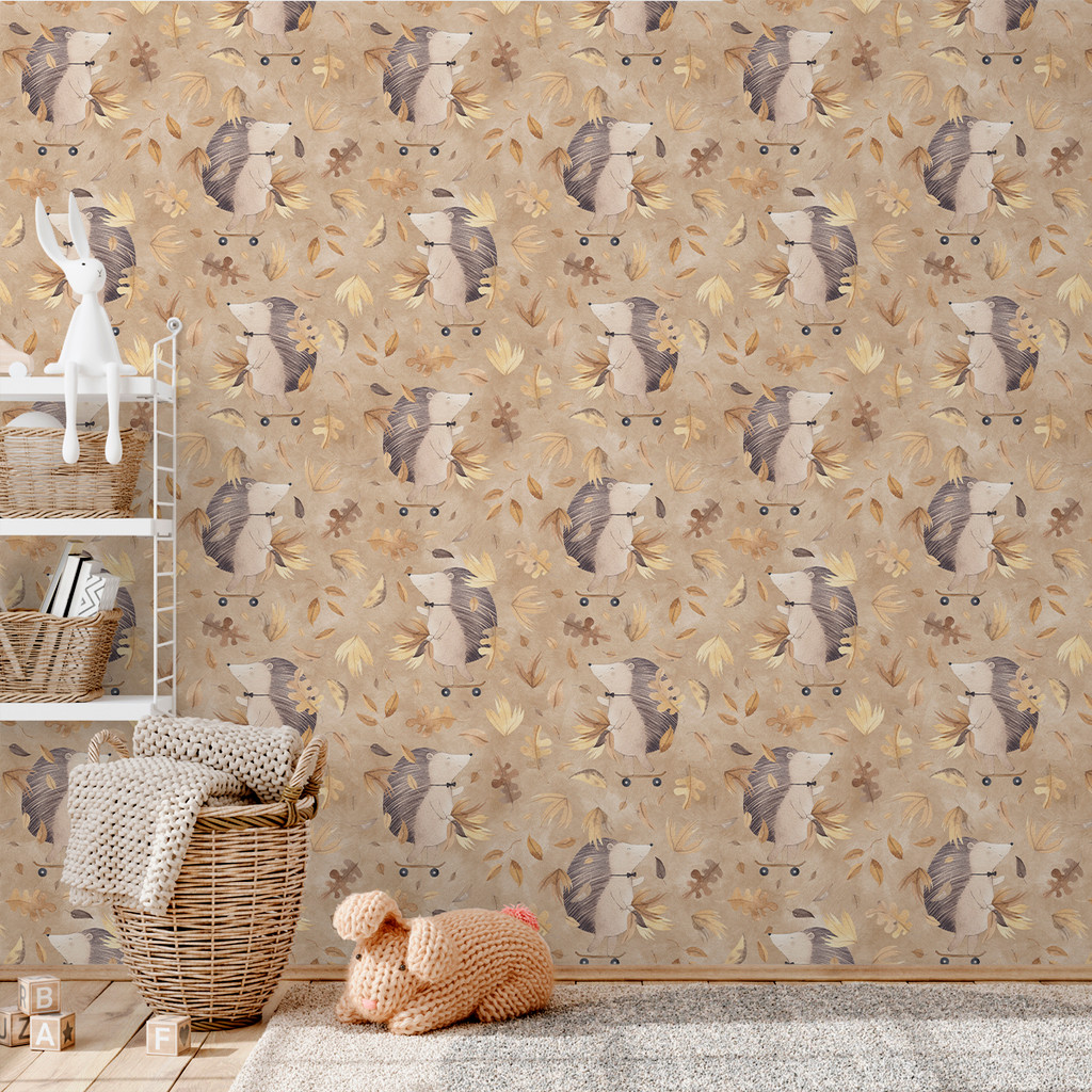 Papel de Parede Infantil Aquarela Porco-Espinho e Folhas | Quarto de Bebê Auto Adesivo Decorativo Tons Terrosos