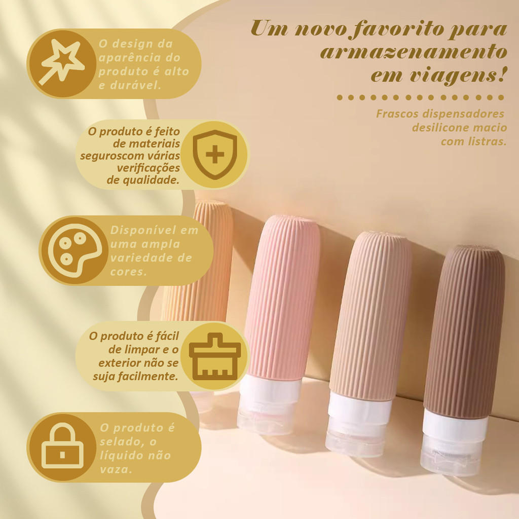 Kit 4 Potinhos Silicone Viagem 90ml Anti-Vazamento - Necessaire Inclusa