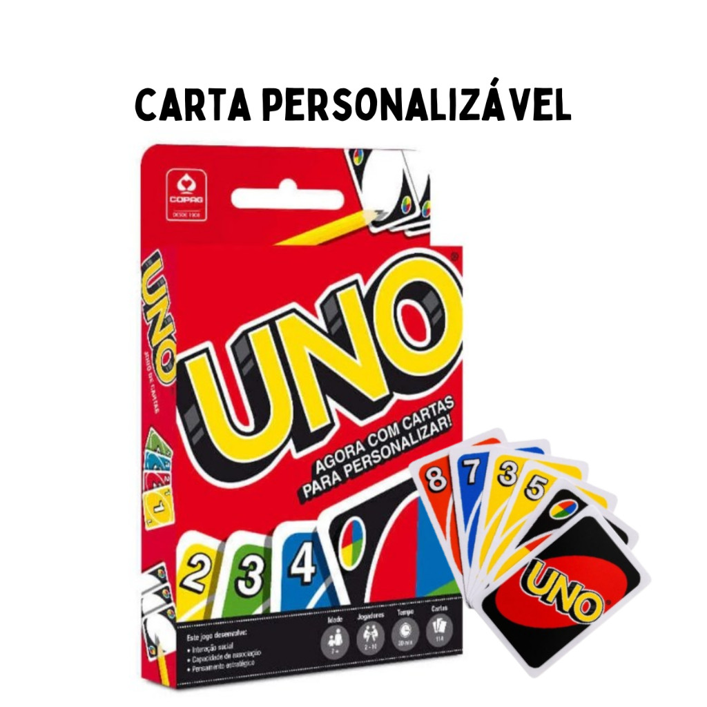 Jogo Uno CARTA DURA versão atualizada baralho altíssima qualidade - COM CARTA PERSONALIZÁVEL em Oferta na Shopee