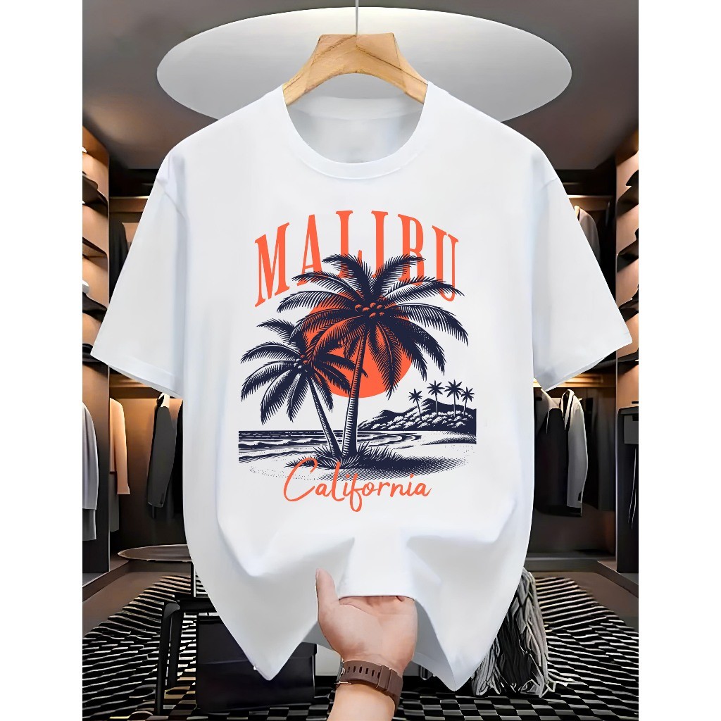 Camiseta Masculina Streetwear 100% Algodão "MALIBU CALIFORNIA" Camisa Unissex Premium Estampada