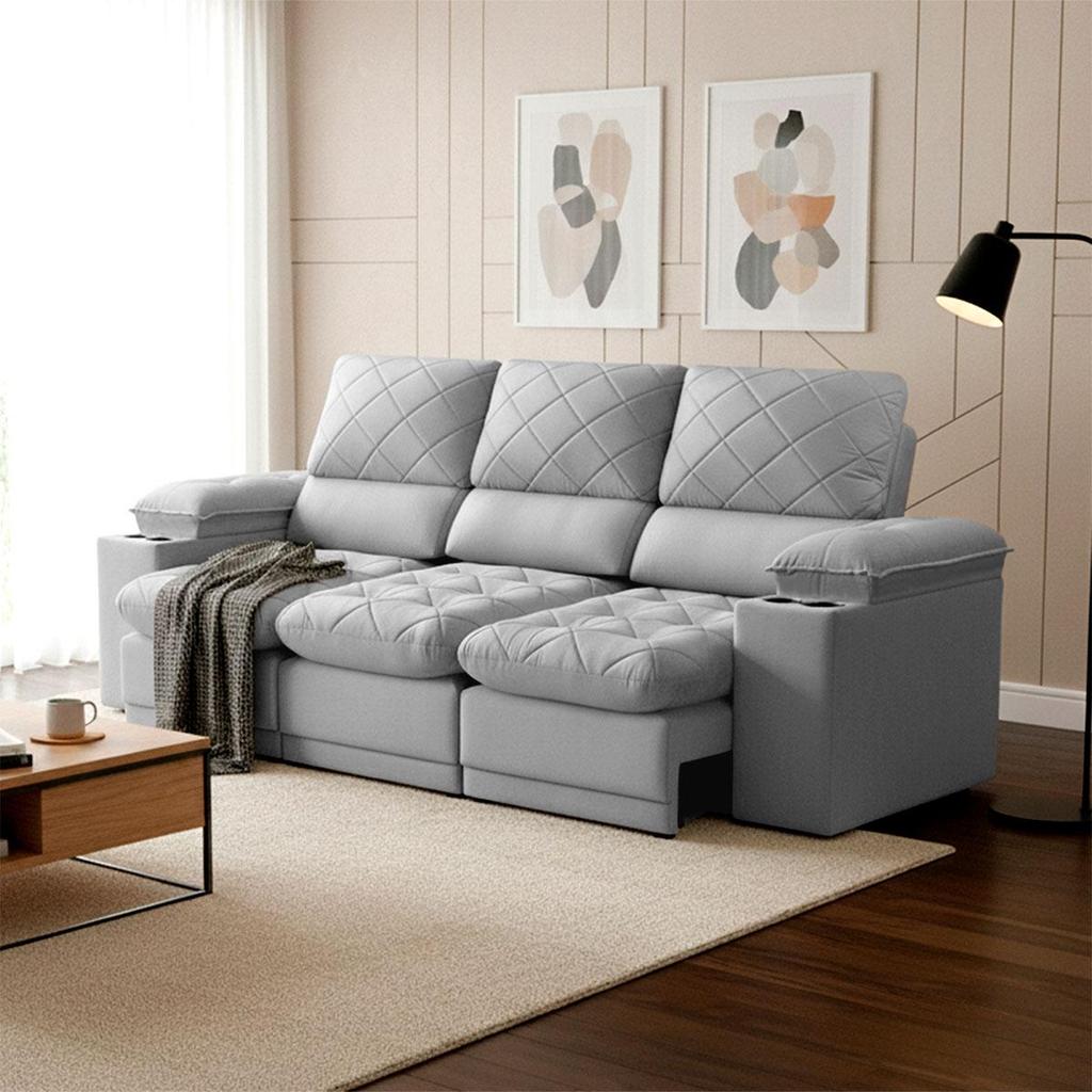 Sofá Veneza 2,40m Retrátil Reclinável Cinza USB e Porta Copos - King House em Oferta na Shopee