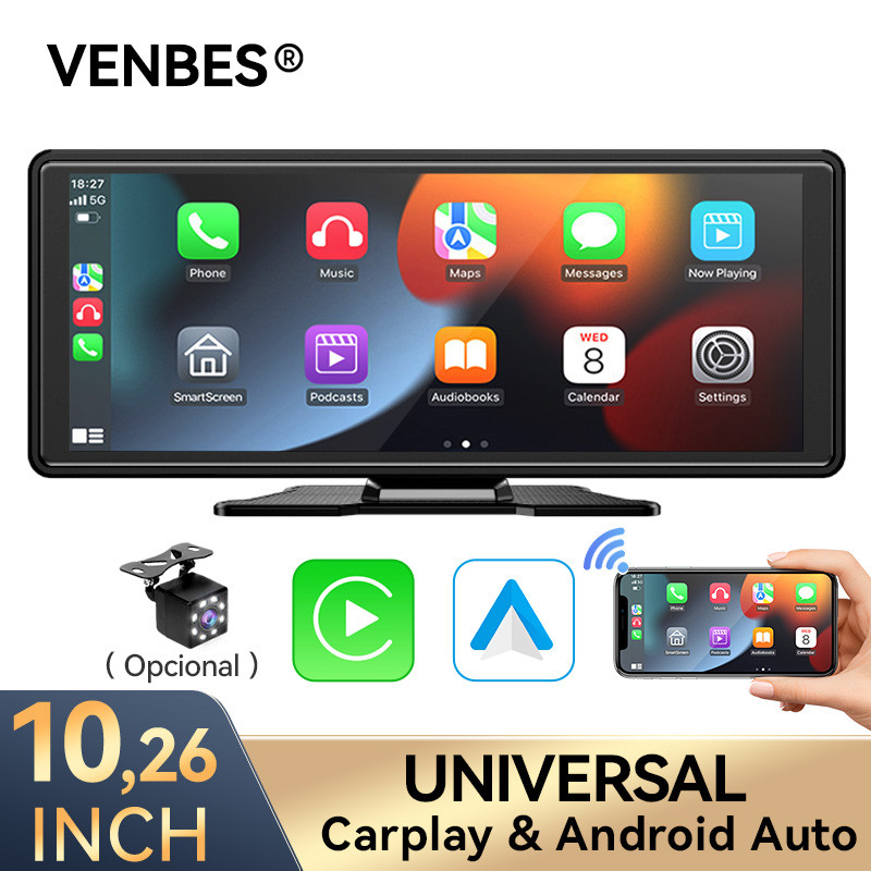 VENBES 7/10,26 Polegadas Carplay Android Auto Central Multimídia Carro Bluetooth e Câmera de Ré