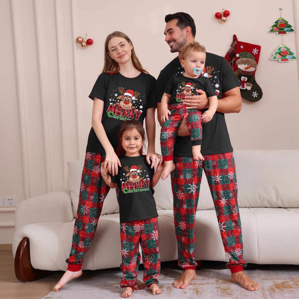 Conjunto de Pijamas de Natal com Estampa de Alce para Família, Top de Manga Curta + Calças, 2 Peças, Look de Casa Ad VOJ