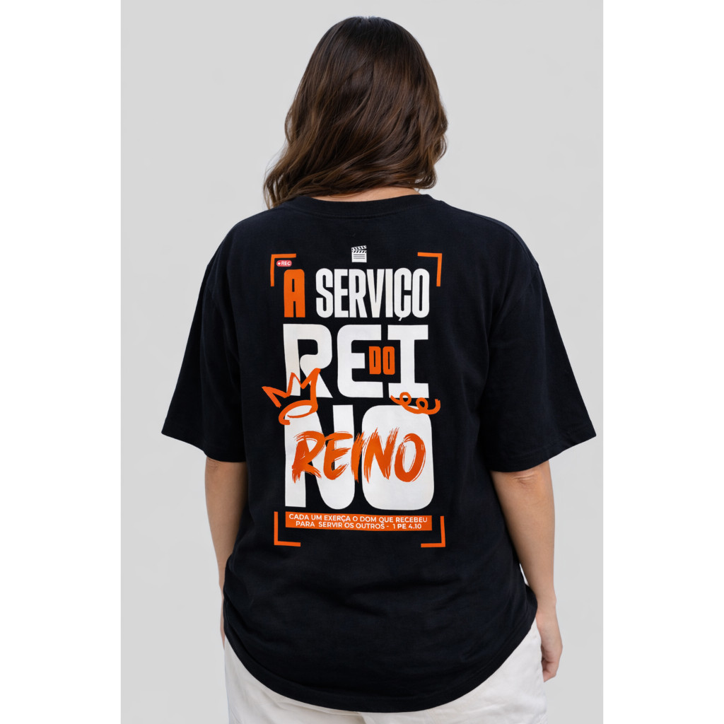 Camiseta Moda Cristã unissex OVERSIZED 100% Algodão Estampa Religiosa Gospel A SERVIÇO DO REINO Mídia COR PRETA