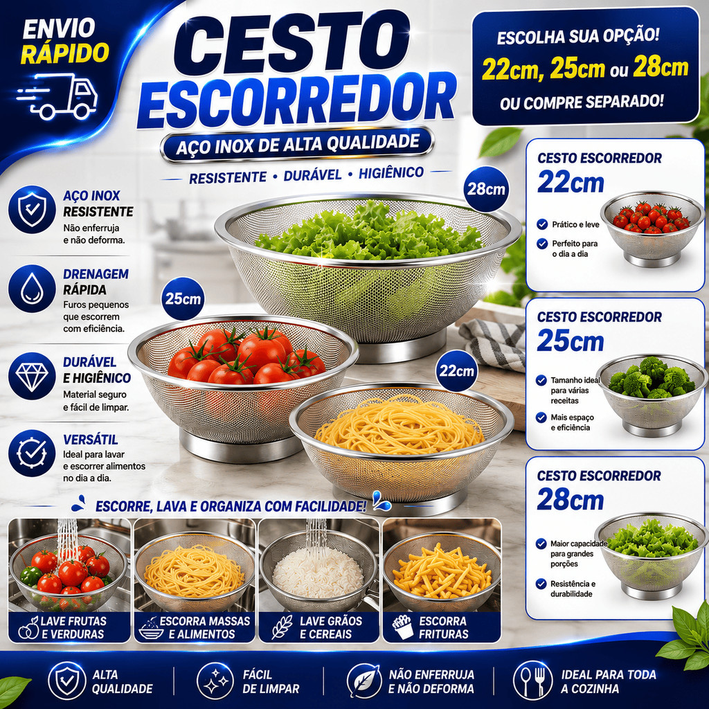 Cesta Escorredor Inox 22cm 25cm 28cm Cestos Para Lavar  Cozinhar Alimentos A Vapor Arroz Legumes Massas Frutas