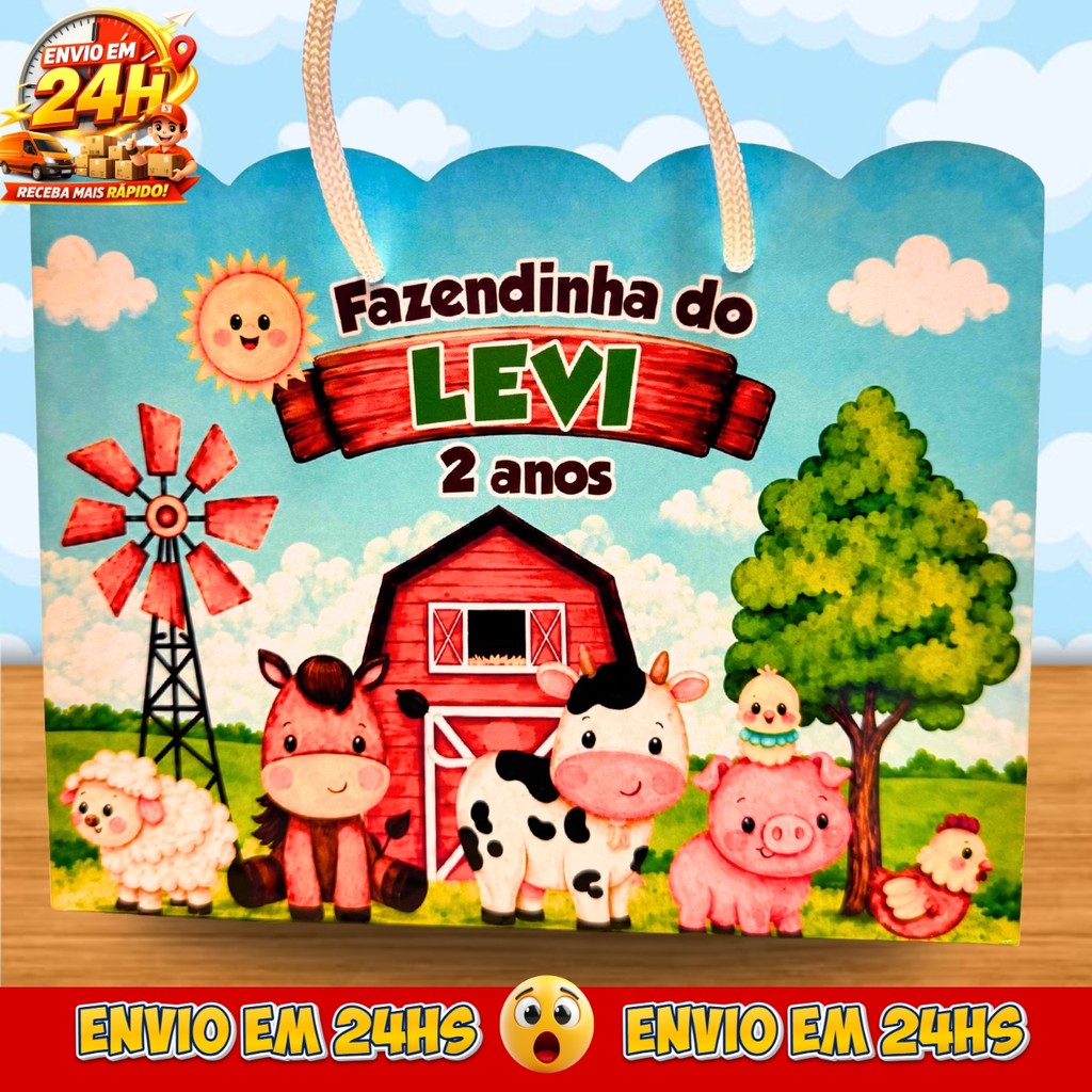 Sacolinhas Fazendinha Personalizadas - Lembrancinhas Fazenda Menino Infantil Premium com Nome e Idade