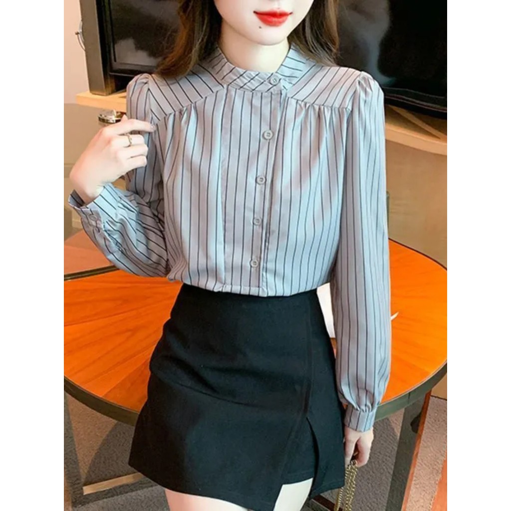 Nova moda listrada camisa de manga comprida feminina estilo coreano Design elegante estilo ocidental All-Match temperame
